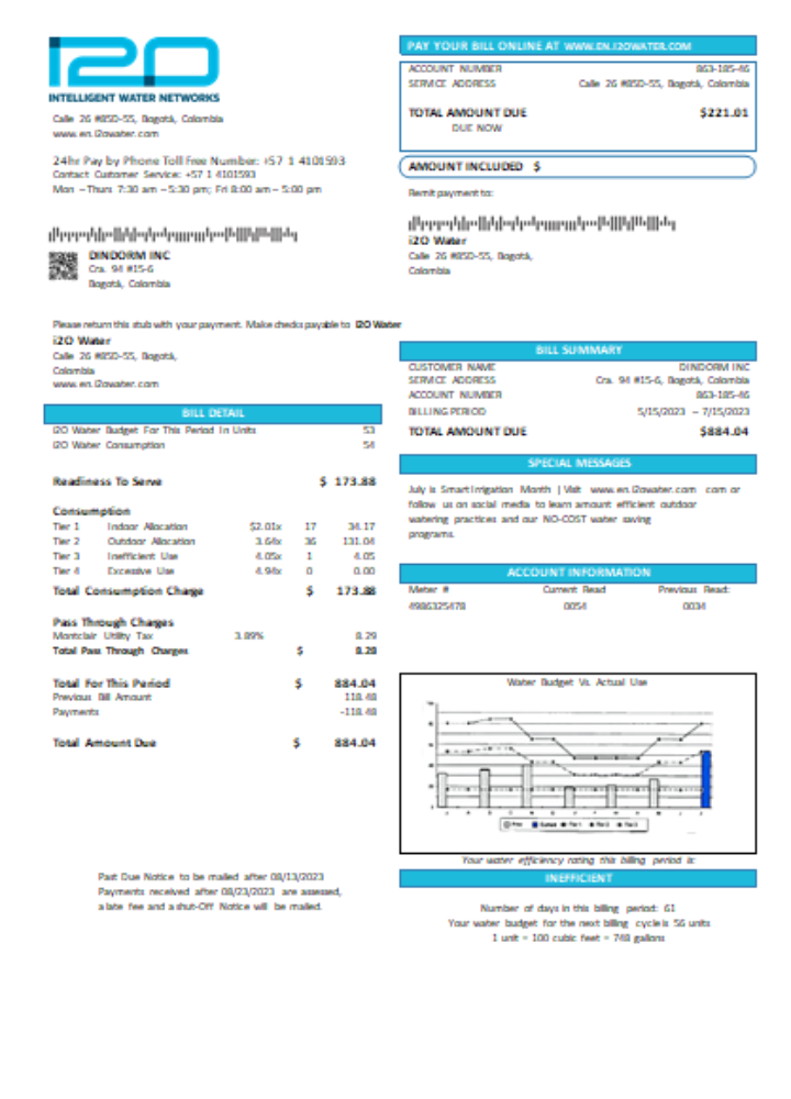 i2O Water (Colombia) utility business bill,  SCR PSD template